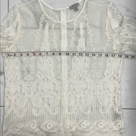 Tristan Cream Sheer Lace Blouse 3/4 Sleeve Round Neck Button Down Back Size S - Picture 12 of 16
